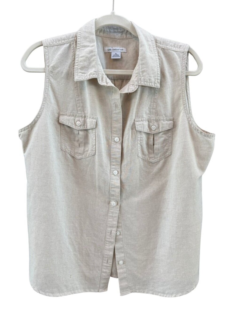 Liz Claiborne Linen Blend Sleeveless Button Front Shirt XL Beige Utility Top